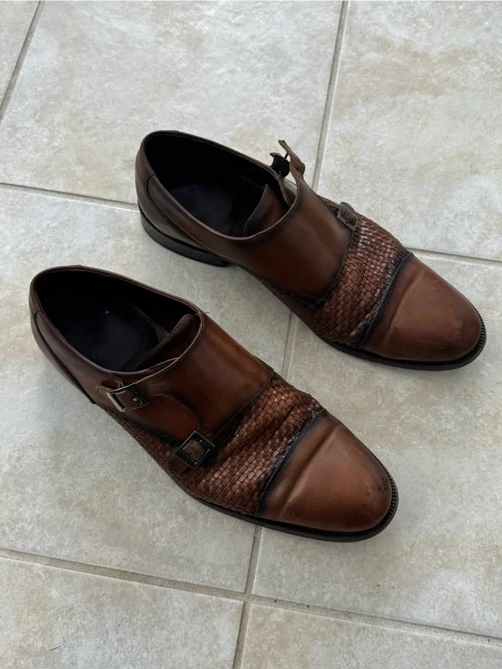 Studio Belvedere Mens 10 Double Monk Strap Buckle Woven Cognac Leather Shoes